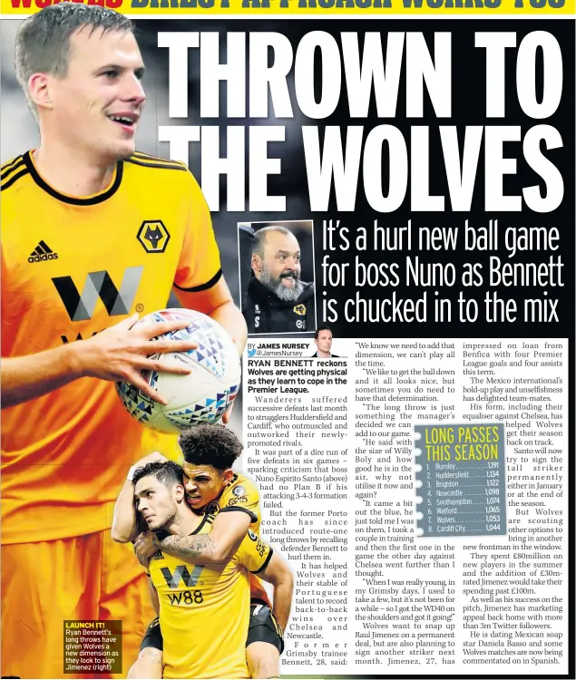  ??  ?? Ryan Bennett’s long throws have given Wolves a new dimension as they look to sign Jimenez (right)