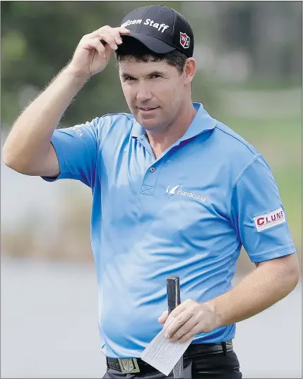  ?? — THE ASSOCIATED PRESS ?? Padraig Harrington of Ireland acknowledg­es the fans on the ninth hole during the second round of the Honda Classic on Saturday in Palm Beach Gardens, Fla.