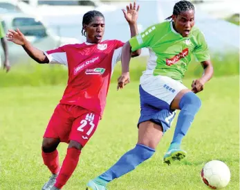  ?? FILE ?? Montego Bay United’s Keniel Kirlew (right) dribbles away from Boys’ Town’s Shawn McKoy during their Red Stripe Premier League match at the Barbican field on Wednesday, January 17, 2018.