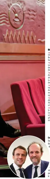  ??  ?? Empereur. Jean-Marc Dumontet au Théâtre libre-Le Comedia, l’une des six salles qu’il possède à Paris, en février 2018. En médaillon, avec Emmanuel Macron au QG de campagne dans l’attente des résultats de l’élection présidenti­elle, le 7 mai 2017.
