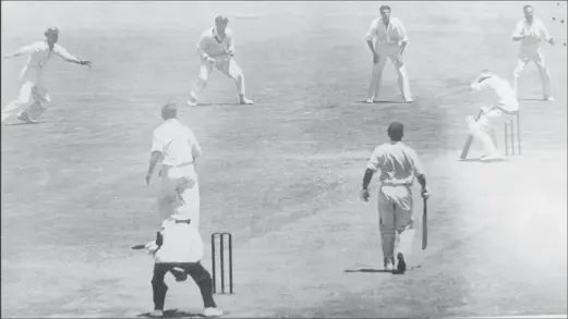  ?? ?? Jeffrey Stollmeyer by a bumper from Lindwall in the West Indies second innings, Second Test, at Sydney. Fieldsmen (left to right) Archer, Hole, Miller, Johnson, Langley, Morris. Allan Rae is the non-striker. (Source: With the West Indies in Australia 1951-52/J.Moyes)