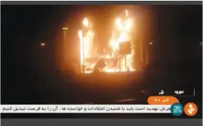  ?? (Screenshot/Reuters) ?? A BUILDING goes up in flames during protests in Iran, which have left at least 13 people dead.