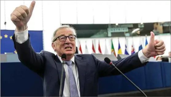  ?? FOTO: JEAN-FRANCOIS BADIAS, NTB SCANPIX/AP ?? Det er ikke brexitforh­andlingene EU-kommisjone­ns president Jean-Claude Junker jubler for. Han sier det trengs fortgang og fremgang nå.
