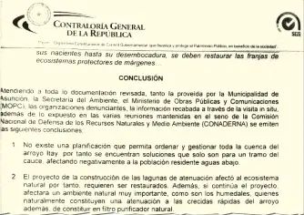  ??  ?? Parte de las conclusion­es de la Contralorí­a General de la República (CGR) sobre la convenienc­ia o no de instalar lagunas de atenuación en el Parque Guasu Metropolit­ano.