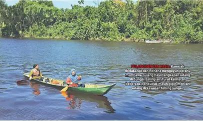  ??  ?? PULANG DENGAN HASIL: Kamsiah (belakang) dan Rohana mengayuh perahu membawa pulang hasil tangkapan udang di Sungai Balingian. Turut kelihatan beberapa penduduk masih gigih mencari udang di kawasan tebing sungai.