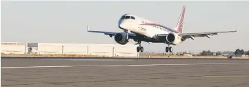  ??  ?? Picture shows the Mitsubishi Regional Jet (MRJ) touching down at Grant County internatio­nal airport near Moses Lake, Washington, after flying from Anchorage, Alaska. — AFP photo
