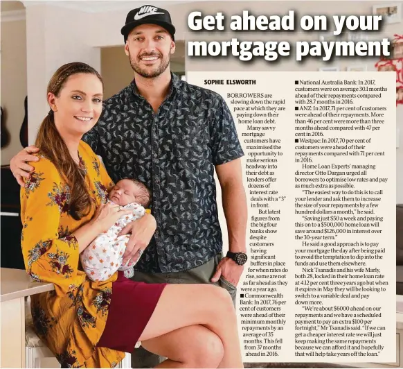  ?? Picture: RICHARD DOBSON ?? OUT IN FRONT: Nick and Marly Tsanadis with three-week old Demi, pay an extra $100 per fortnight on their home loan.