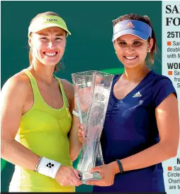  ??  ?? Martina Hingis and Sania Mirza pose with the Butch Buchholz Trophy after winning the Miami Open at Florida, USA, on Monday. — AFP