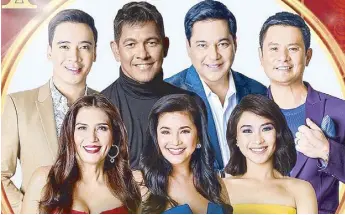  ??  ?? ASAP Natin ‘To hosts, top row, from left: Erik Santos, Gary Valenciano, Martin Nievera and Ogie Alcasid; and front row, also from left: Zsa Zsa Padilla, Regine Velasquez and Sarah Geronimo.