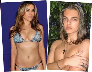  ??  ?? Beach bodies: Liz is famous for her curves, and Damian happily shows off his lean torso