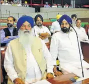  ??  ?? Former minister Bikram Singh Majithia (right) led the Akali MLAs in the absence of party supremo Parkash Singh Badal and president Sukhbir Singh Badal in the House on Friday.