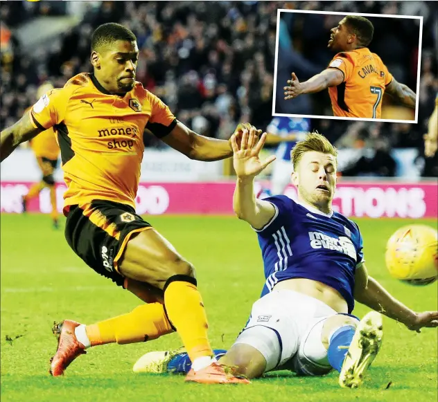  ?? PICTURES: Action Images ?? BLAST: Ivan Cavaleiro fires in a shot and, inset, the Portuguese winger celebrates after scoring Wolves’ winner