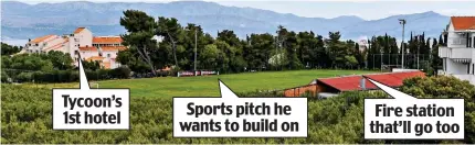  ?? ?? Tycoon’s 1st hotel
Sports pitch he wants to build on
Hotelier: Marion Duzich and the land in Supetar he bought from the Croatian government, which locals insist belongs to them