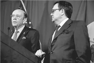  ??  ?? US Commerce Secretary Wilbur Ross (left) holds a news conference with Guajardo at the Department of Commerce in Washington, US. There could be between six to nine rounds of negotiatio­ns between the US, Canada and Mexico in the event a quick deal is...