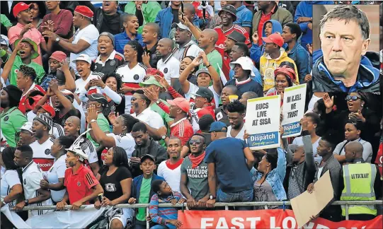  ?? Picture: SINO MAJANGAZA ?? IN HIGH SPIRITS: Orlando Pirates fans cheer their team on in the Nedbank Cup last 32 game against EC Bees at Sisa Dukashe Stadium in Mdantsane on Sunday afternoon. INSET: Pirates coach Kjell Jonevret