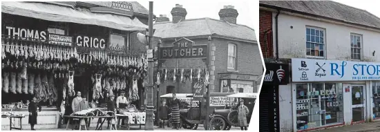  ?? ?? Past glory: Butcher Thomas Grigg’s proud Christmas display — and the same view today of a phone repair shop and a Lloyds Bank branch in the quiet town centre