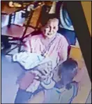  ??  ?? Nathalie Damaso leaves a restaurant in Las Piñas City on Thursday with Zianne Gianan in an image taken from the restaurant’s closed-circuit television footage. Photo at left shows Zianne (left) with her twin, Zia.