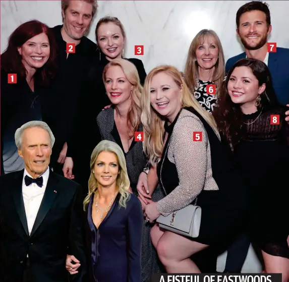  ??  ?? A FISTFUL OF EASTWOODS THE first public sighting of all eight Eastwood siblings, together at the LA premiere of Clint’s latest film The Mule. 1. Kimber 2. Kyle 3. Francesca 4. Alison 5. Kathryn 6. Laurie 7. Scott 8. Morgan