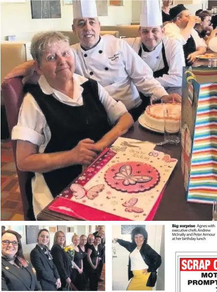  ??  ?? Warm welcome Normandy staff gave Agnes a guard of honour lineup Flashback Agnes in the 1980s Big surprise Agnes with executive chefs Andrew McInally and Peter Armour at her birthday lunch