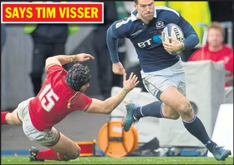  ??  ?? Tim Visser darts clear to scores Scotland’s second try in their rousing victory over Wales at Murrayfiel­d on Saturday.