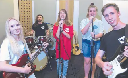  ??  ?? Musicians Lauren Curtis, 17, Beau Maynard, 26, Courtney Worboyes, 16, Bayley Jacobsen, 15, and Bryce Francis, 22, are thrilled to be performing during the Commonweal­th Games next month.