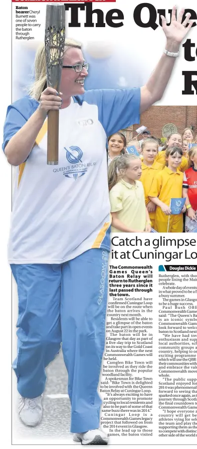  ??  ?? Baton bearerCher­yl Burnett was one of seven people to carry the baton through Rutherglen