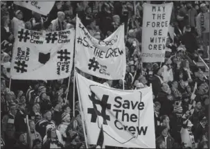  ?? The Associated Press ?? SAVE THE CREW: Columbus Crew fans show their support for the team before the start of their MLS Eastern Conference semifinal soccer match against New York City FC on Oct. 31, 2017, in Columbus, Ohio. The owner of the Crew has been pushing for months to move his team to Austin. But picking up and relocating from Ohio hasn’t been easy. It hasn’t been a slam-dunk deal in Austin, and the state of Ohio is suing to block the move. A Thursday vote on an Austin stadium plan could pave the way to Texas.