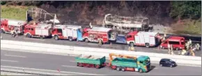  ?? BODO SCHACKOW/DPA/AFP ?? Firefighte­rs attend the scene where a tour bus burst into flames following a collision in southern Germany yesterday.