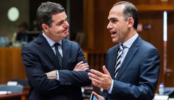  ??  ?? MONEY TALKS: Finance Minister Paschal Donohoe (left) chats with Cyprus’s Finance Minister Harris Georgiades at a meeting of EU finance ministers in Brussels