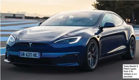  ?? ?? Tesla Model S Plaid 2 goes from 0 to 100kph in 2.1 seconds