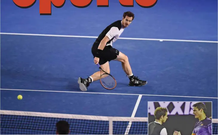  ??  ?? MELBOURNE: Britain’s Andy Murray plays a backhand return during his men’s singles semi-final match against Canada’s Milos Raonic on day twelve of the 2016 Australian Open tennis tournament. (INSET) Andy Murray shakes hands with Canada’s Milos Raonic...