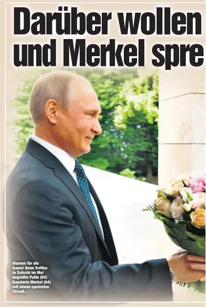  ??  ?? Blumen für die Dame! Beim Treffen in Sotschi im Mai begrüßte Putin (65) Kanzlerin Merkel (64) mit einem opulenten Strauß.