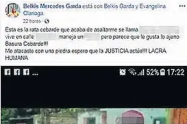  ?? (LA VOZ) ?? Escrache. El posteo de Garda, sin la identifica­ción que ella sí hizo.