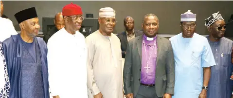  ?? ?? Former Vice President, Namadi Sambo ( left); PDP vice presidenti­al candidate, Ifeanyi Okowa; PDP presidenti­al candidate, Atiku Abubakar; President, Christian Associatio­n of Nigeria ( CAN) Archbishop Daniel Okoh; General Secretary, Joseph Daramola and PDP National Chairman, Iyorchia Ayu, during an interactiv­e session between the leadership of CAN and presidenti­al candidates at the Ecumenical Centre, Abuja… yesterday.