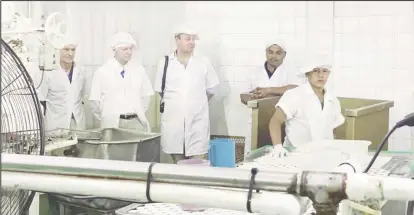  ?? ?? The French senators who visited in January this year are seen here in the Amazon Caribbean (AmCar) heart of palm factory situated on the Barima River