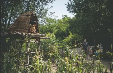  ??  ?? Alyssa Harris, a member of the Mashpee Wampanoags and a museum educator at Plimoth Plantation, a living history exhibit, sits in a corn watch tower as visitors walk through the Wampanoag Homesite in Plymouth, Mass. A disease outbreak that wiped out large numbers of the Native inhabitant­s of what is now New England gave the Pilgrims a beachhead in the “New World.” So, some historians find it ironic that a pandemic has put many of the 400th anniversar­y commemorat­ions of the Mayflower’s landing on hold.
(AP/David Goldman)