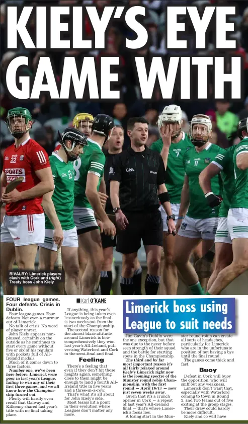  ?? ?? RIVALRY: Limerick players clash with Cork and ( right) Treaty boss John Kiely