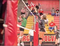  ?? Steven Eckhoff ?? Rome senior Mary Ella Bussey rises up to challenge Murray County’s play over the net during the Lady Wolves’ match Friday.