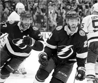  ?? CHRIS O’MEARA/AP ?? Lightning center Brayden Point celebrates after scoring the winning goal during sudden-death overtime in Game 6 on Thursday against the Maple Leafs.