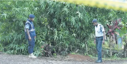  ?? Photo: Shratika Singh ?? Police at the scene where the late Meli Sakia’s body was discovered at Vunivau in Labasa on November 12, 2017.