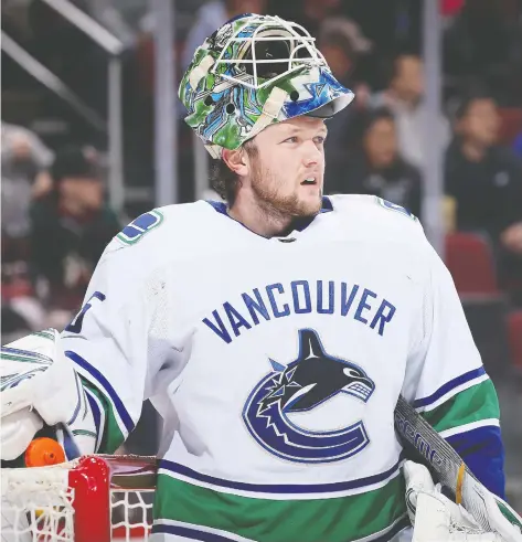  ?? CHRISTIAN PETERSEN/GETTY IMAGES ?? Thatcher Demko will handle the Canucks’ goaltendin­g duties with Jacob Markstrom taking personal leave.