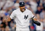  ?? ASSOCIATED PRESS ?? NEW YORK YANKEES PITCHER LUIS SEVERINO reacts at the end of the top of the seventh inning Monday against the Cleveland Indians in New York.