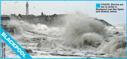  ??  ?? CHAOS: Storms are set to strike in Blackpool just like Spain and Greece, below