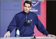  ?? Michael Hickey / TNS ?? New York Giants general manager Joe Schoen speaks to reporters during the NFL Draft Combine at the Indiana Convention Center on March 1 in Indianapol­is.