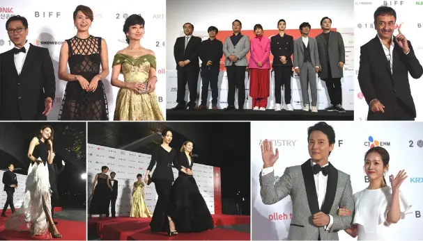  ?? — AFP photos ?? (Clockwise from top left) Hong Kong film director Stanley Kwan (left), actress Gigi Leung (centre) and Angie Chiu pose on the red carpet. • (From left) Festival director Jay Jeon, South Korean director Jero Yun, actor Lee Yu-jun, actress Lee Na-young, actor Jang Dong-yoon, actor Oh Kwang-rok and actor Seo Hyun-woo on arrival for the film festival. • Indian film director Rajkumar Hirani; South Korean actor Kim Nam-gil and actress Han Ji-min. • Hong Kong actresses Baihe Bai and Sammi Cheng • South Korean singer and actress Choi Soo-young.