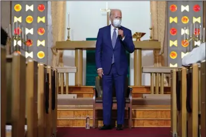  ?? The Associated Press ?? KENOSHA: Democratic presidenti­al candidate former Vice President Joe Biden speaks as he meets with community members at Grace Lutheran Church in Kenosha, Wis., on Thursday.