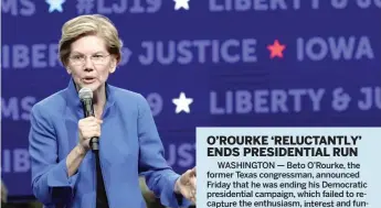  ?? NATI HARNIK/AP ?? Sen. Elizabeth Warren, D-Mass., speaks during the Iowa Democratic Party’s Liberty and Justice Celebratio­n on Friday in Des Moines, Iowa.
