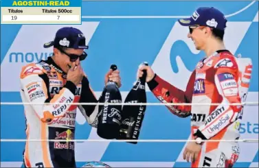  ??  ?? GANADORES. Márquez y Lorenzo brindan en el podio de MotorLand Aragón en 2017.