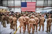  ?? ANDREW HARNIK / THE NEW YORK TIMES ?? Secretary of State Mike Pompeo meets with coalition forces at Bagram Air Base, Afghanista­n, on July 9.