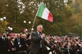  ?? Antonio Calanni / Associated Press ?? Robert F. Kennedy Jr., son of the slain senator, delivers a speech at a protest against Italy’s COVID-19 vaccinatio­n green pass in Milan in November.
